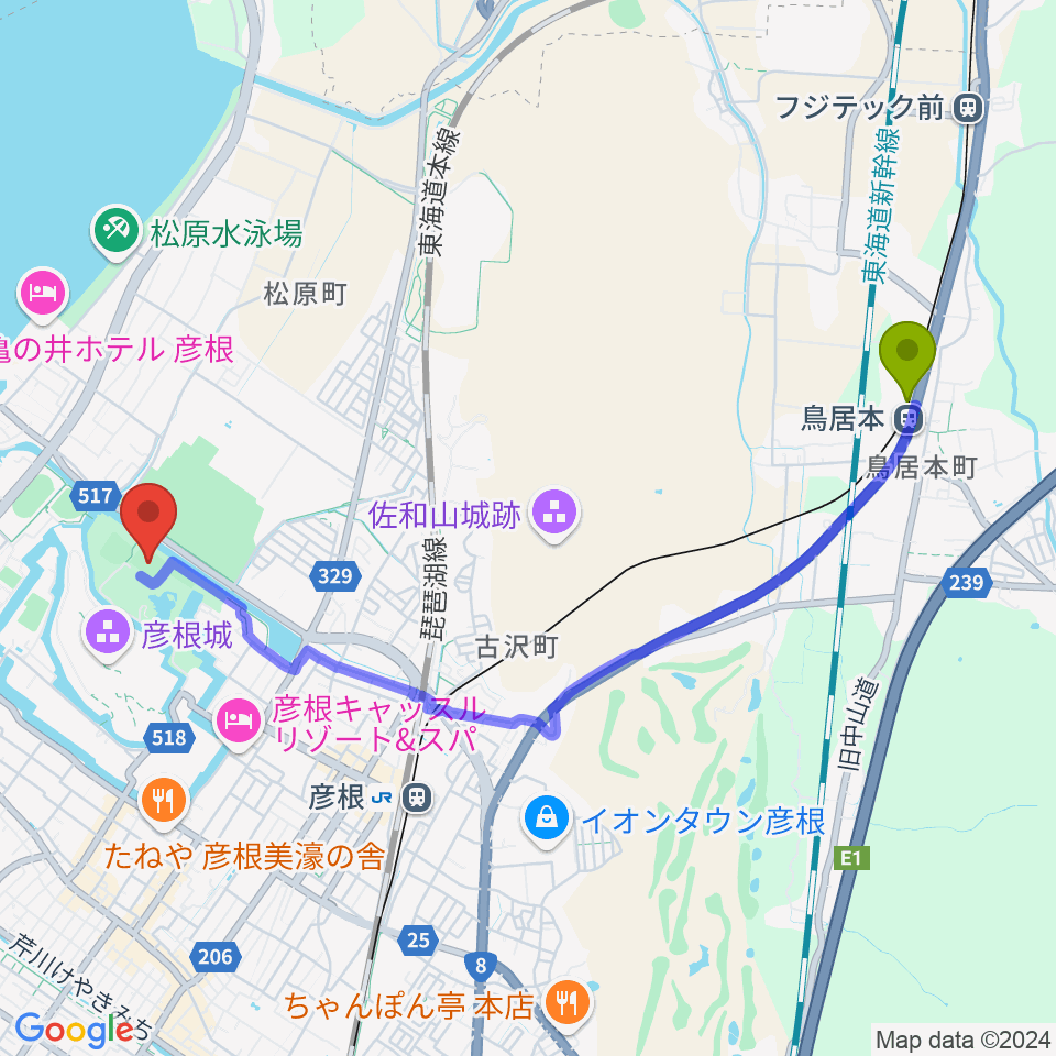 鳥居本駅からレイラックフィールド彦根へのルートマップ地図