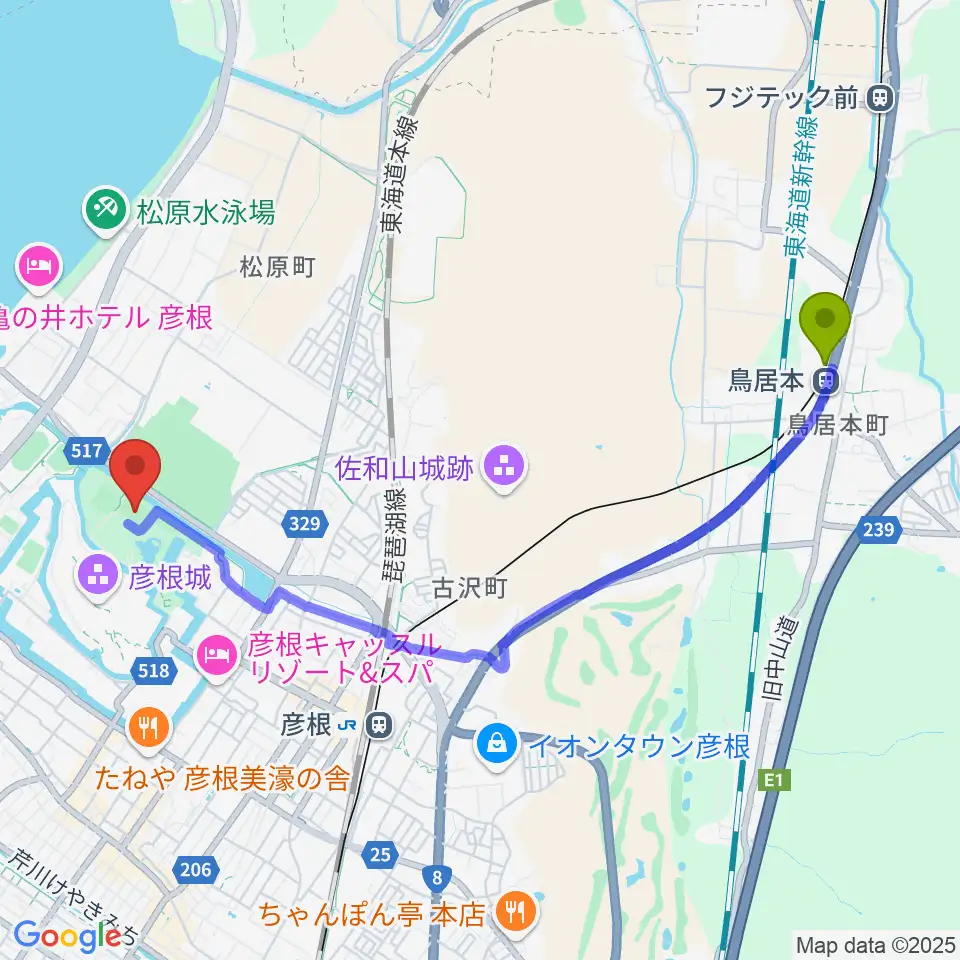 鳥居本駅からレイラックフィールド彦根へのルートマップ地図