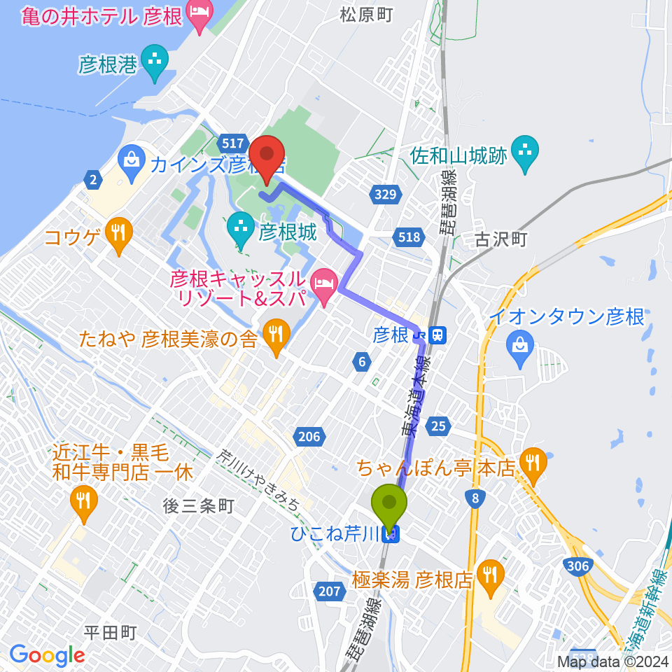 ひこね芹川駅から金亀公園多目的競技場へのルートマップ地図