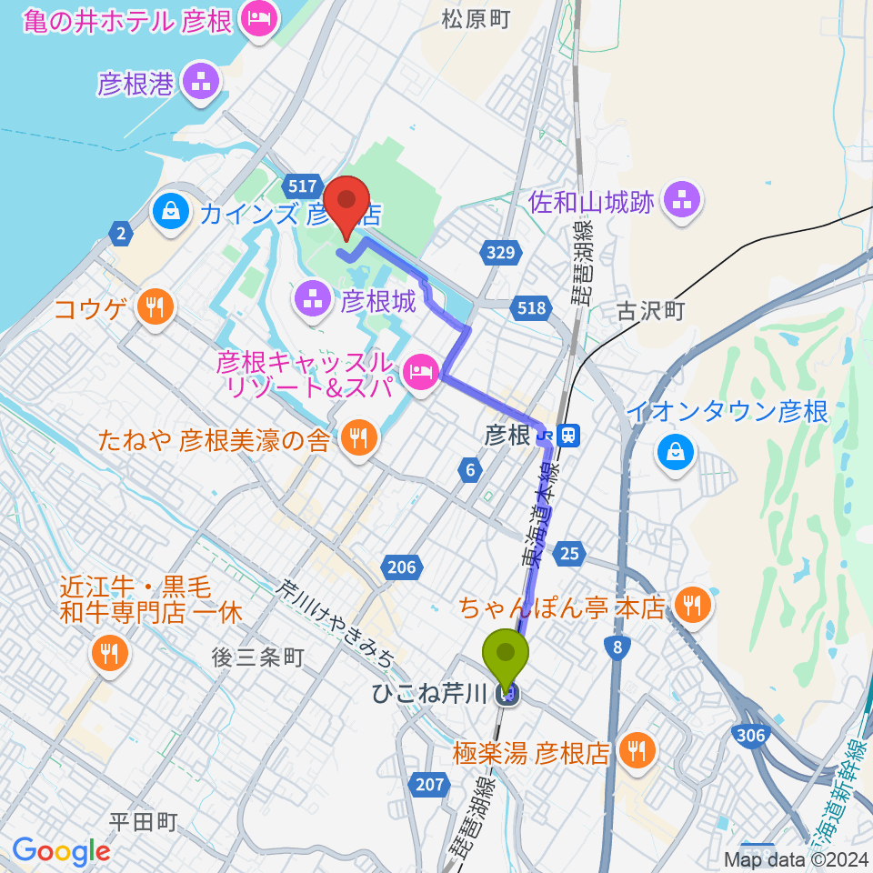 ひこね芹川駅からレイラックフィールド彦根へのルートマップ地図