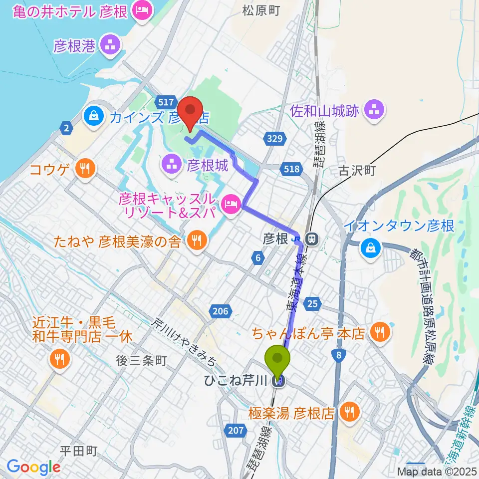 ひこね芹川駅からレイラックフィールド彦根へのルートマップ地図