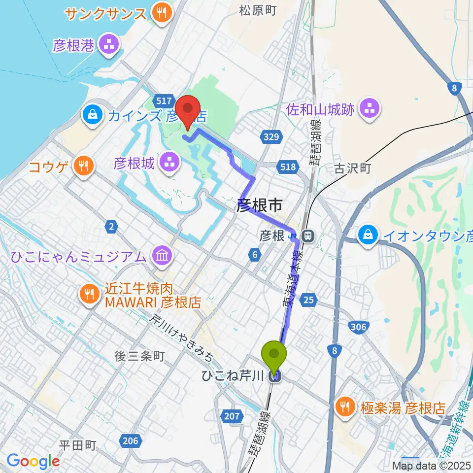 ひこね芹川駅からレイラックフィールド彦根へのルートマップ地図