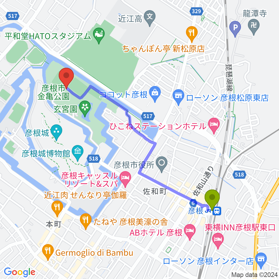 金亀公園多目的グラウンドの最寄駅彦根駅からの徒歩ルート（約21分）地図