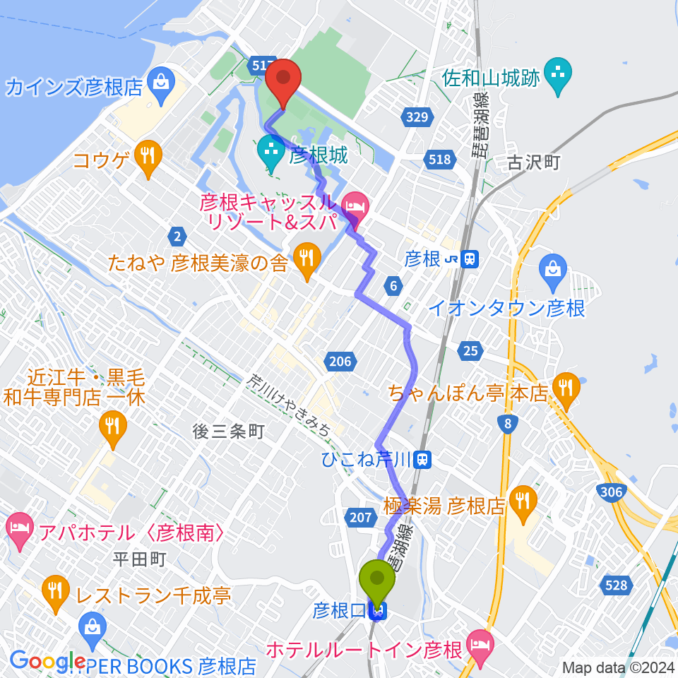 彦根口駅から金亀公園多目的グラウンドへのルートマップ地図