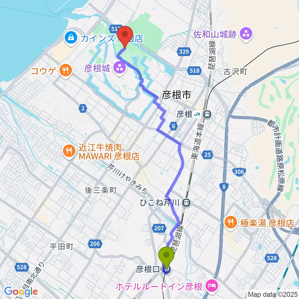 彦根口駅から金亀公園多目的グラウンドへのルートマップ地図