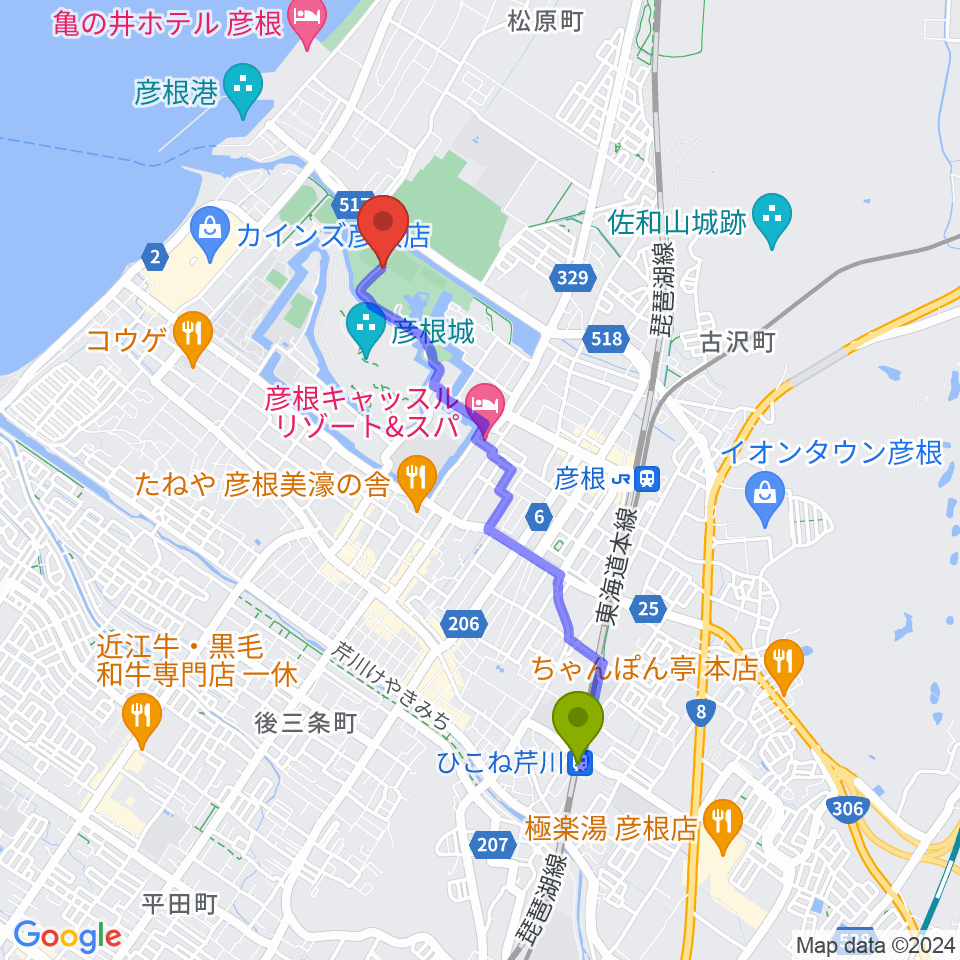 ひこね芹川駅から金亀公園多目的グラウンドへのルートマップ地図