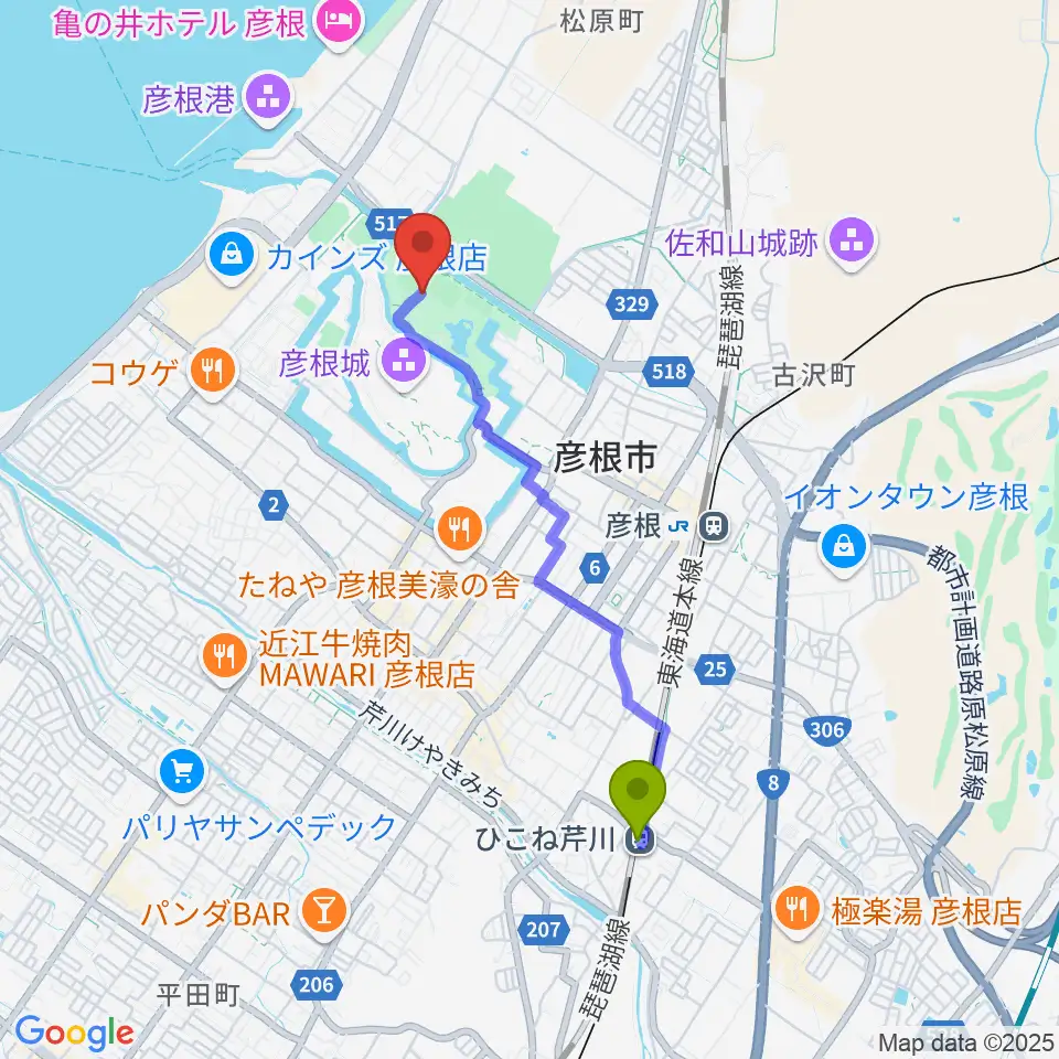 ひこね芹川駅から金亀公園多目的グラウンドへのルートマップ地図