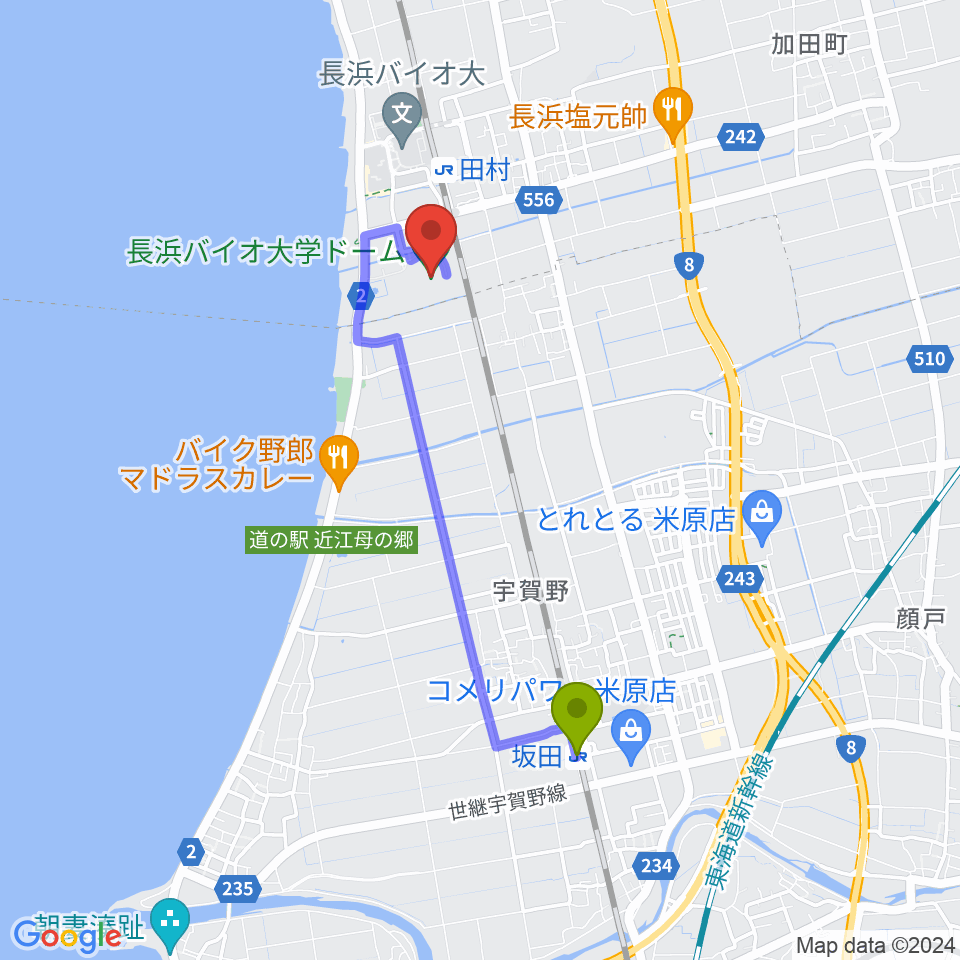 坂田駅から長浜バイオ大学ドームへのルートマップ地図
