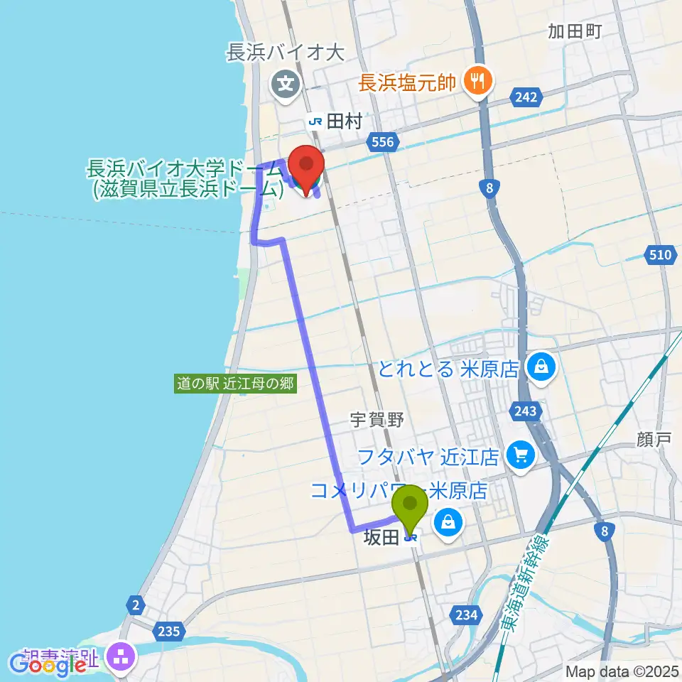 坂田駅から長浜バイオ大学ドームへのルートマップ地図