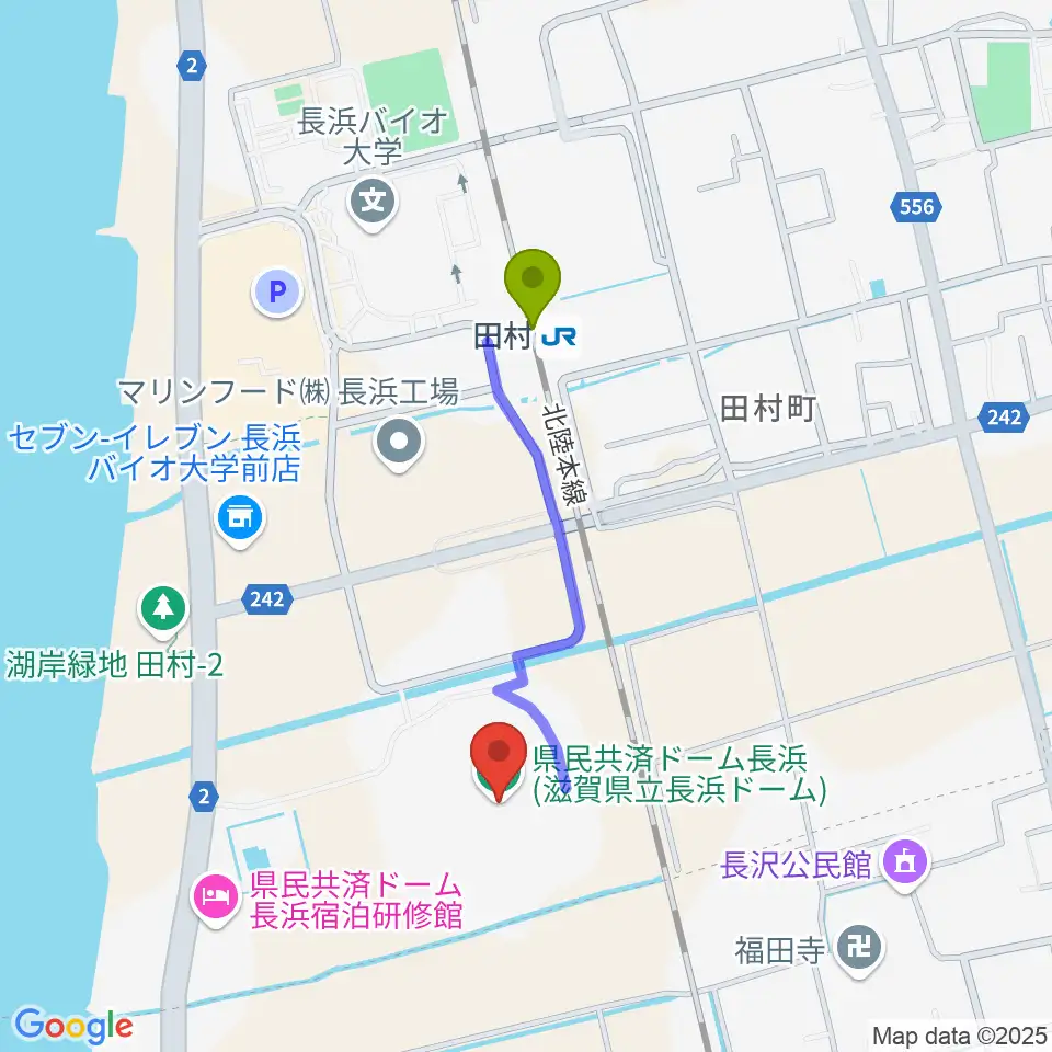 長浜バイオ大学ドームの最寄駅田村駅からの徒歩ルート（約7分）地図