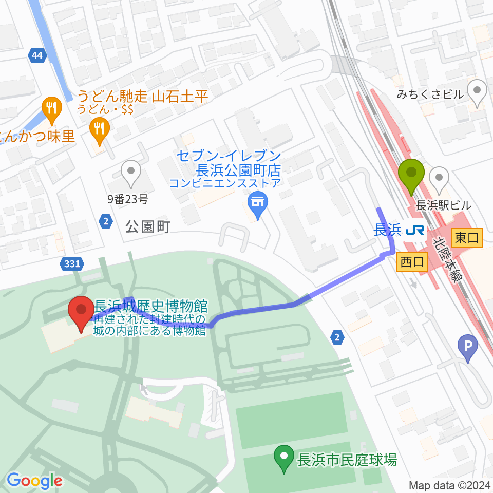 長浜城歴史博物館の最寄駅長浜駅からの徒歩ルート（約6分）地図