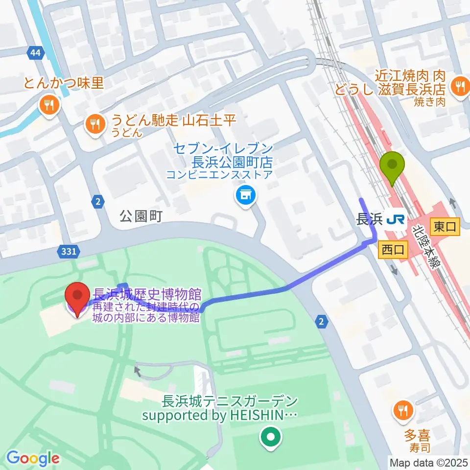 長浜城歴史博物館の最寄駅長浜駅からの徒歩ルート（約6分）地図