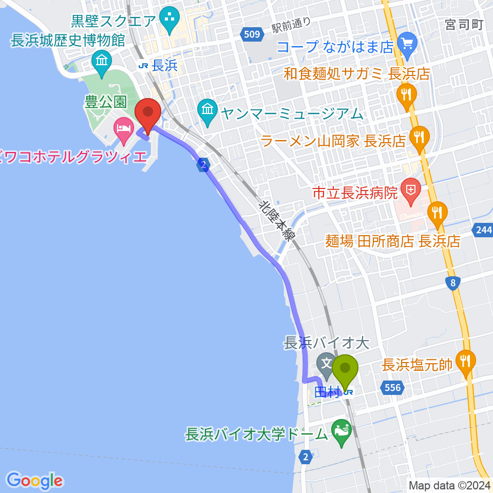 田村駅からセミナー&カルチャーセンター臨湖へのルートマップ地図