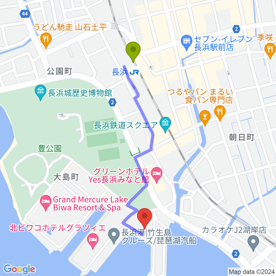 セミナー&カルチャーセンター臨湖の最寄駅長浜駅からの徒歩ルート（約9分）地図