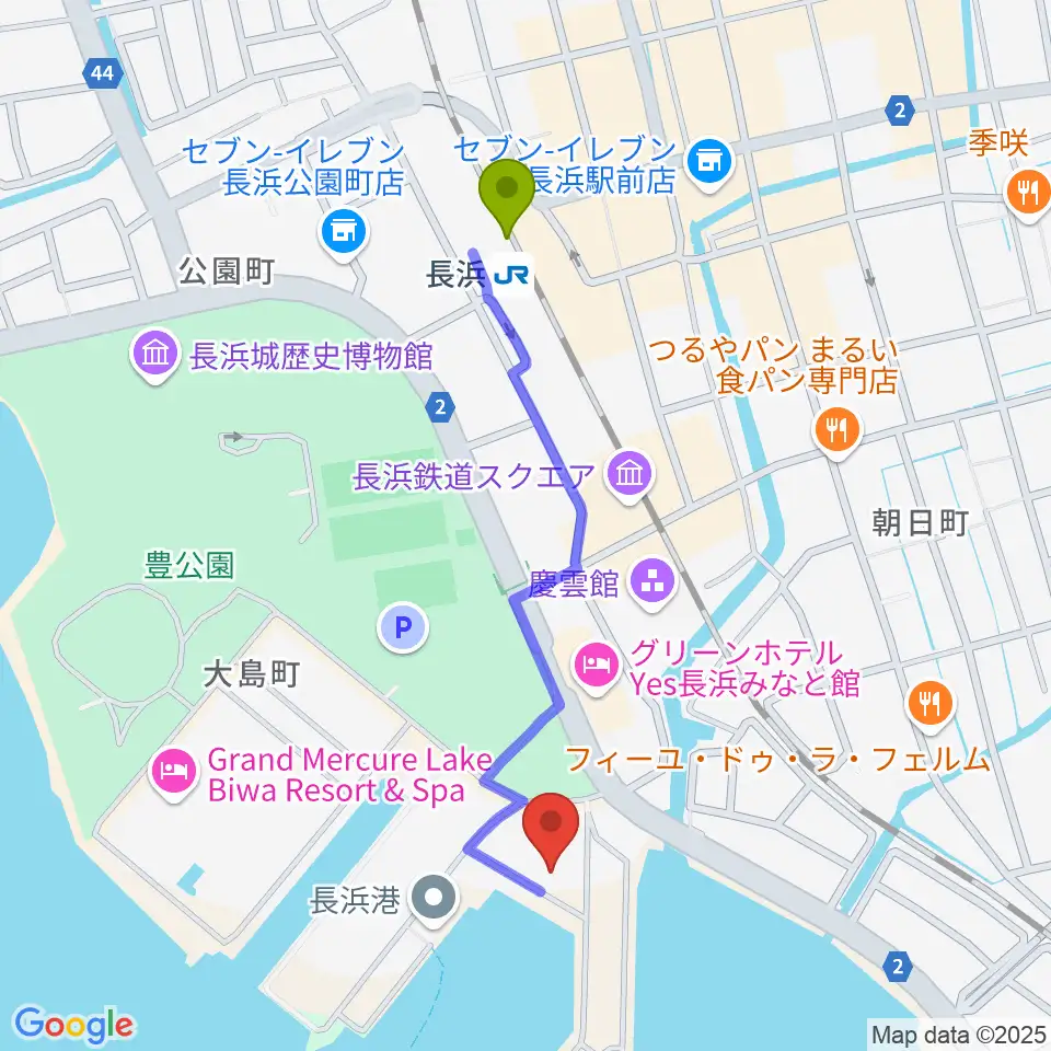 セミナー&カルチャーセンター臨湖の最寄駅長浜駅からの徒歩ルート（約9分）地図