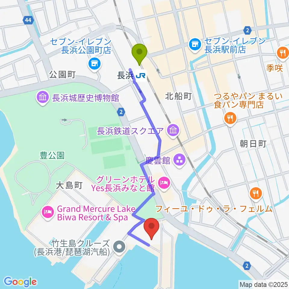 セミナー&カルチャーセンター臨湖の最寄駅長浜駅からの徒歩ルート（約9分）地図