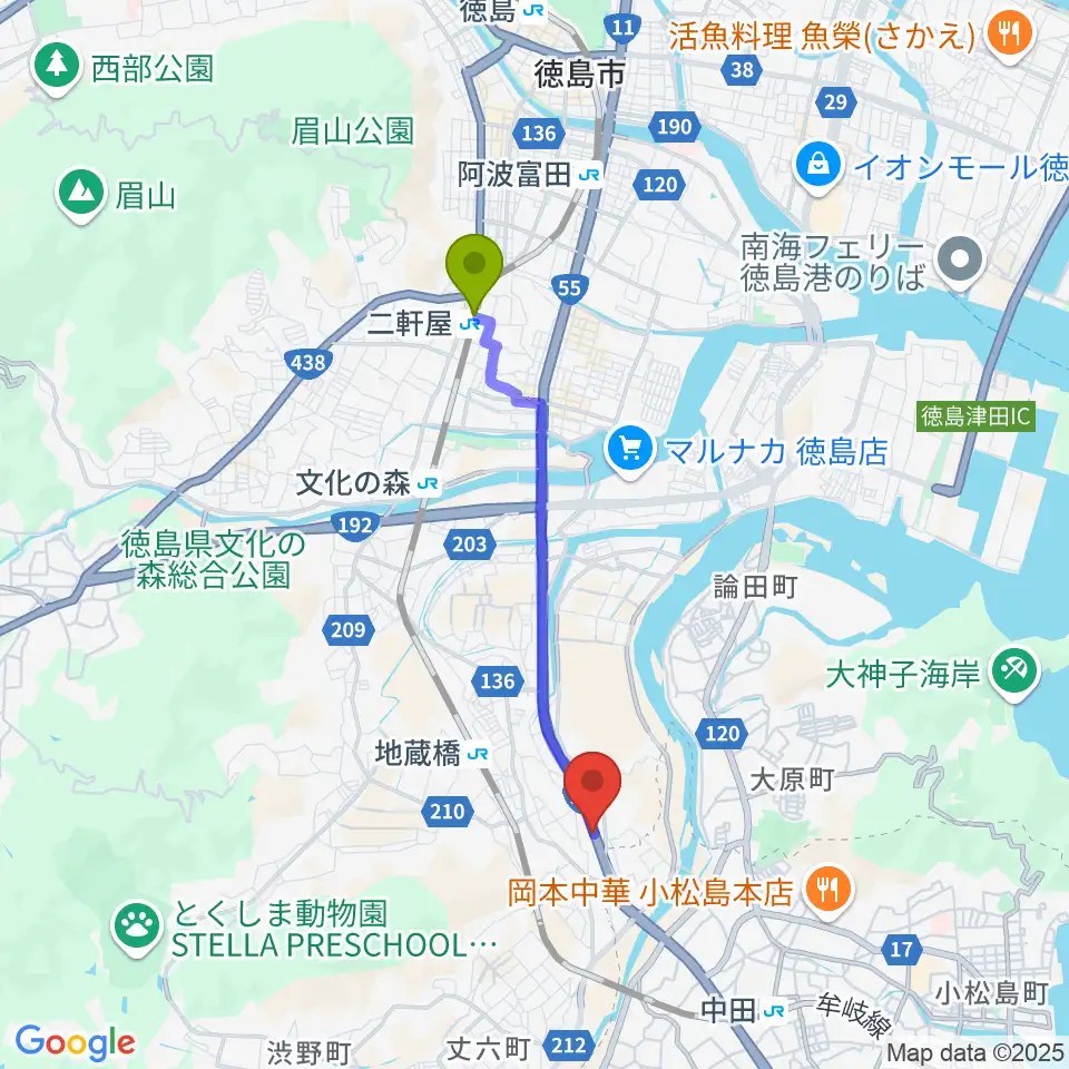 二軒屋駅からスタジオトリゴロへのルートマップ地図