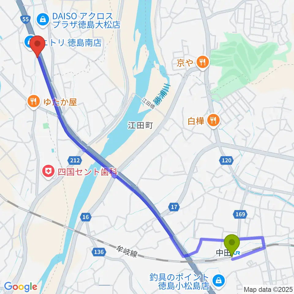中田駅からスタジオトリゴロへのルートマップ地図