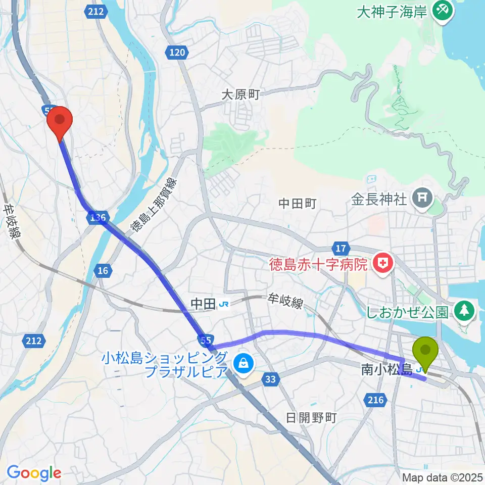 南小松島駅からスタジオトリゴロへのルートマップ地図