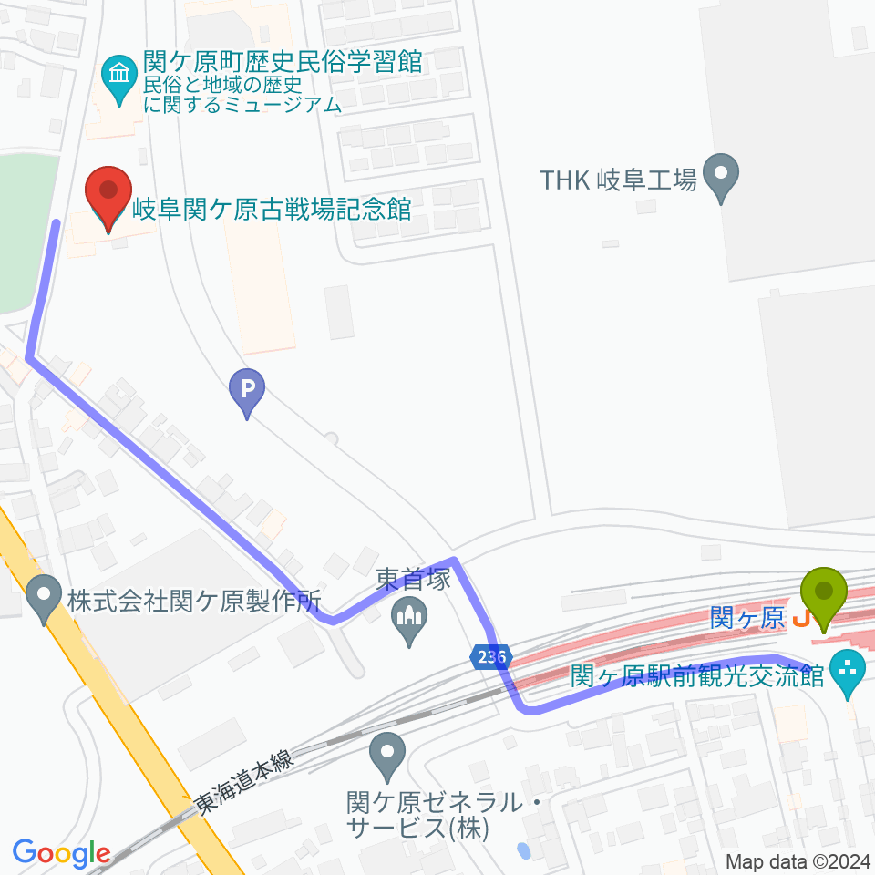 岐阜関ケ原古戦場記念館の最寄駅関ケ原駅からの徒歩ルート（約7分）地図