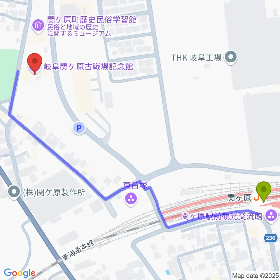 岐阜関ケ原古戦場記念館の最寄駅関ケ原駅からの徒歩ルート（約7分）地図