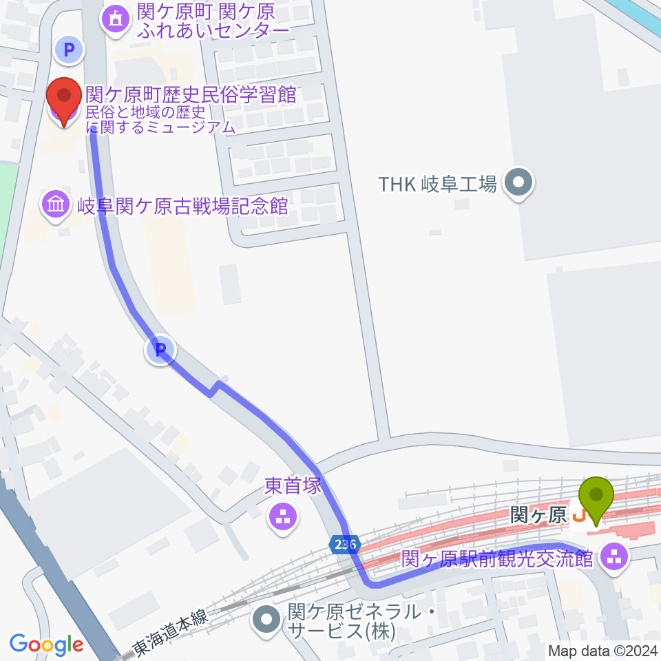 関ケ原町歴史民俗学習館の最寄駅関ケ原駅からの徒歩ルート（約8分）地図