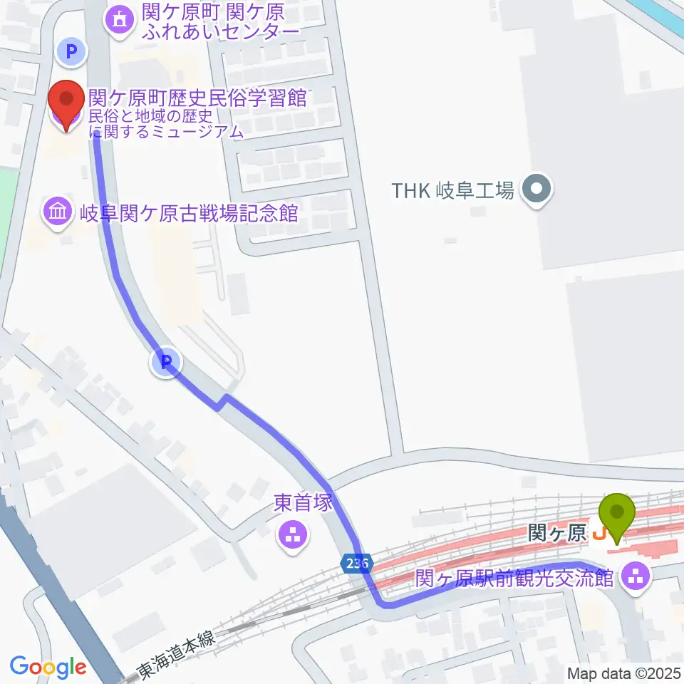 関ケ原町歴史民俗学習館の最寄駅関ケ原駅からの徒歩ルート（約8分）地図