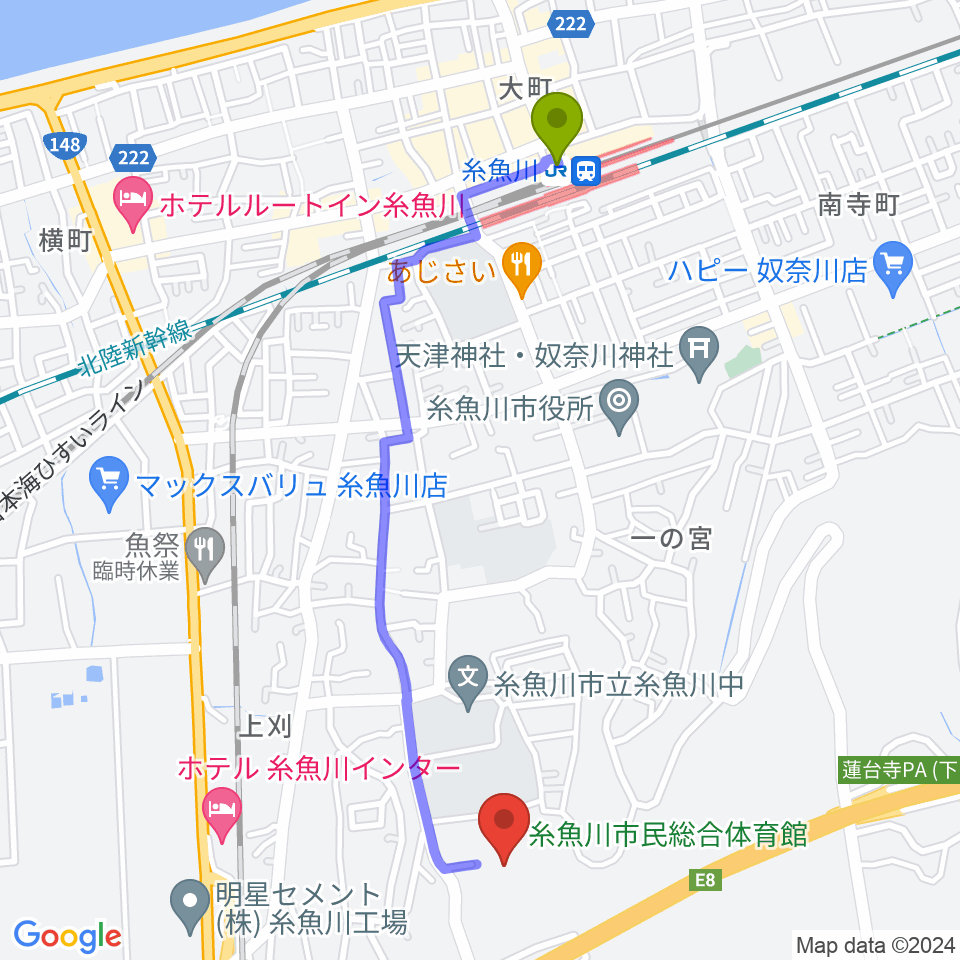 糸魚川駅から糸魚川市民総合体育館へのルートマップ地図