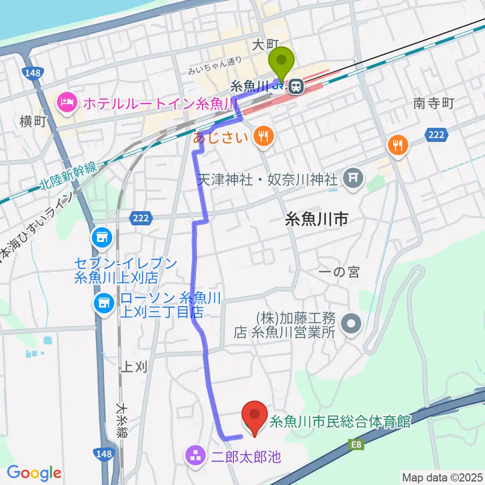 糸魚川駅から糸魚川市民総合体育館へのルートマップ地図