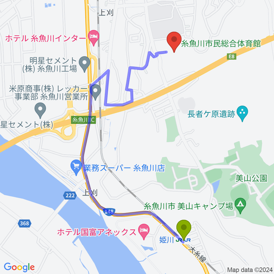 糸魚川市民総合体育館の最寄駅姫川駅からの徒歩ルート（約21分）地図