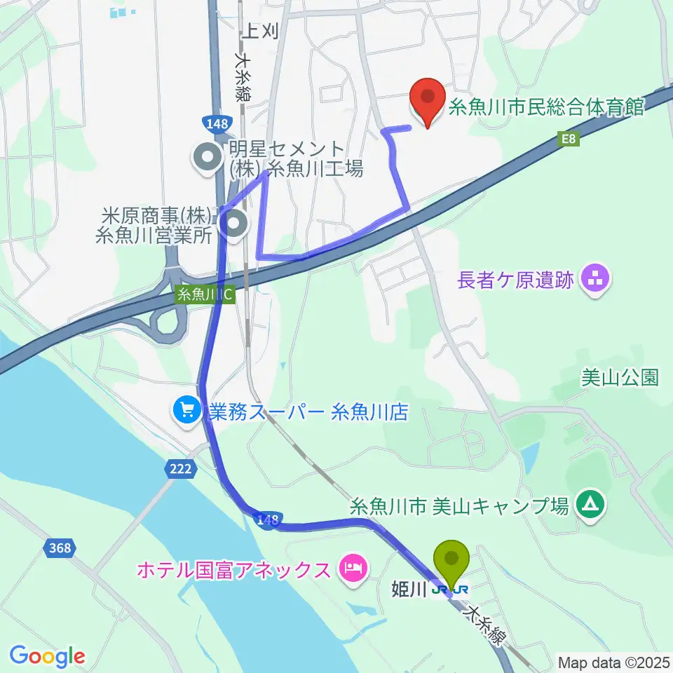 糸魚川市民総合体育館の最寄駅姫川駅からの徒歩ルート（約21分）地図