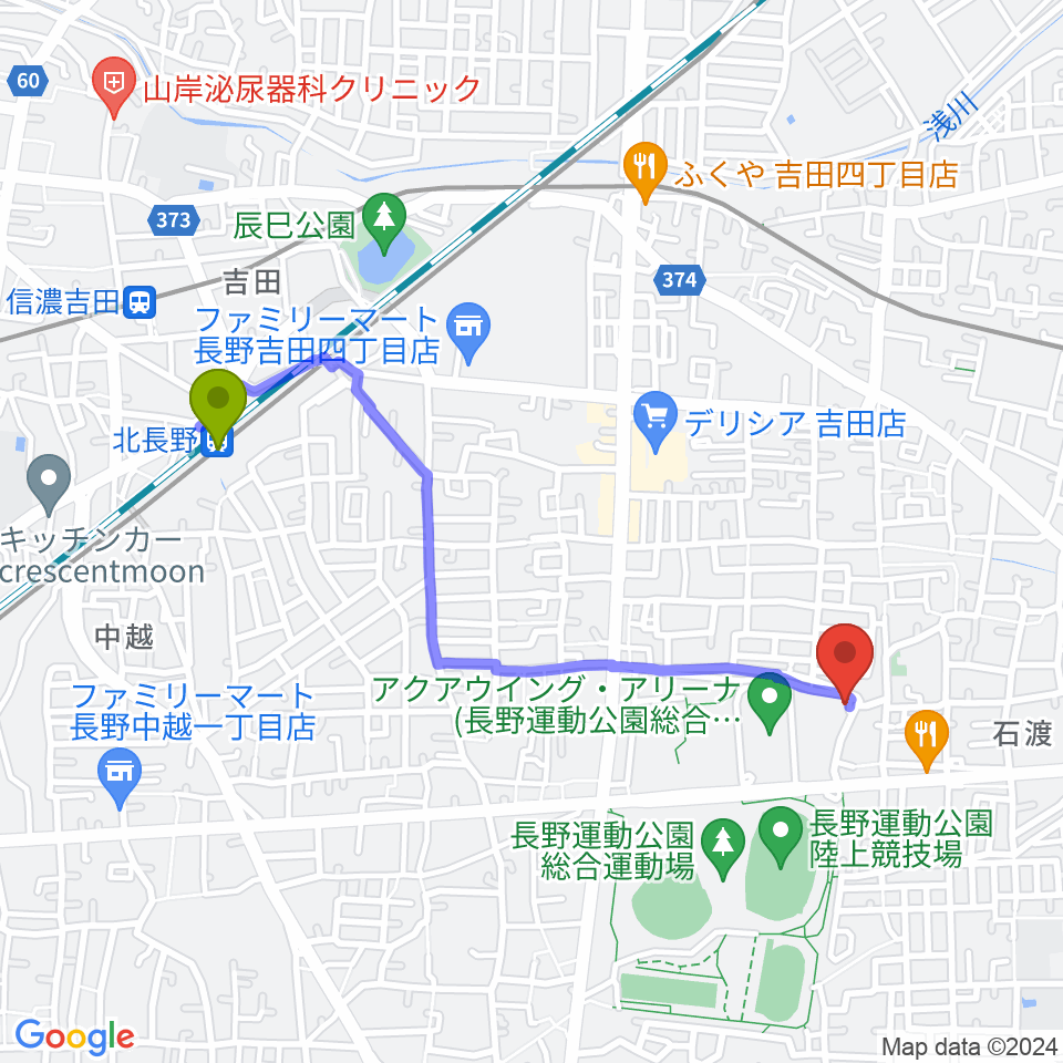 北長野駅から長野運動公園運動広場へのルートマップ地図