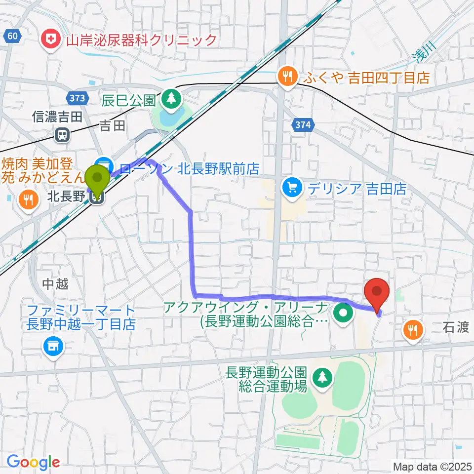 北長野駅から長野運動公園運動広場へのルートマップ地図