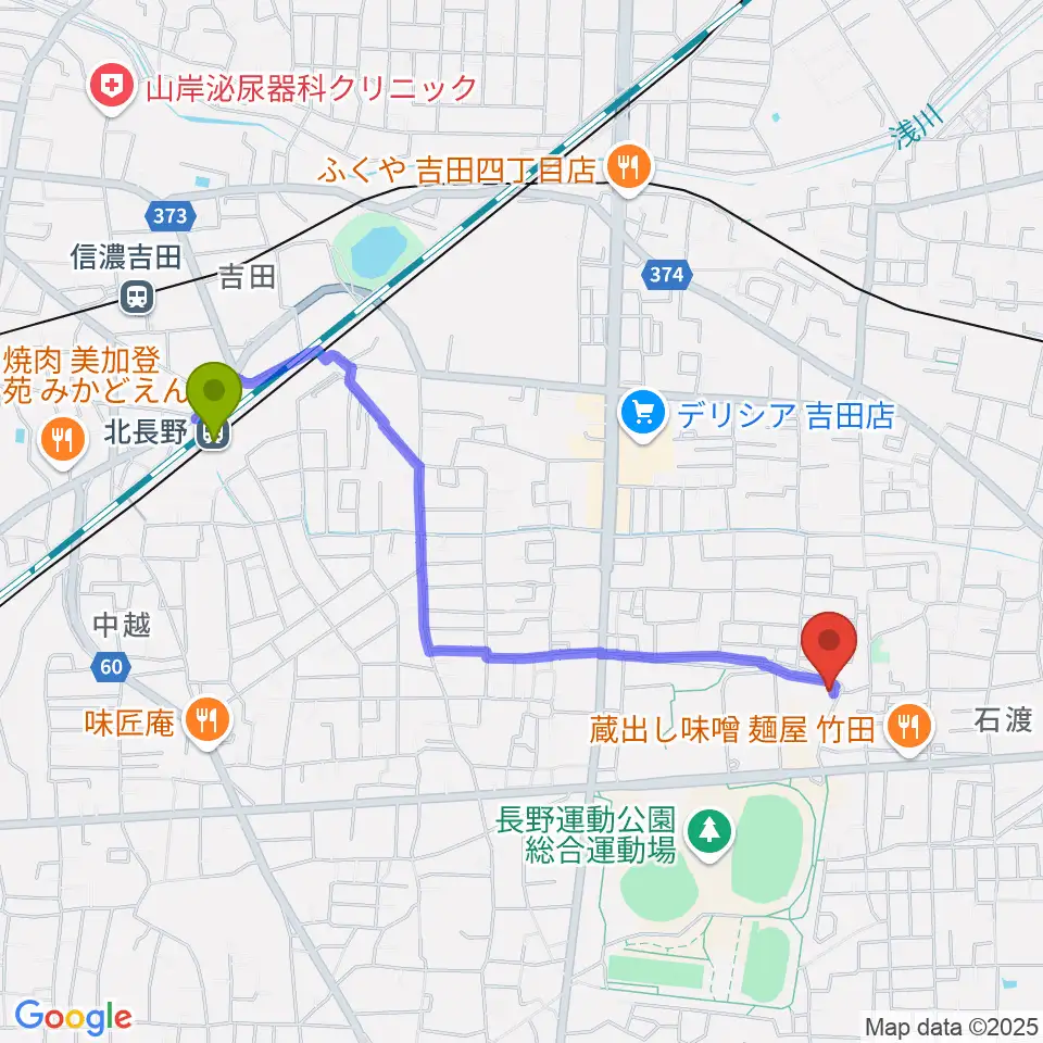 北長野駅から長野運動公園運動広場へのルートマップ地図