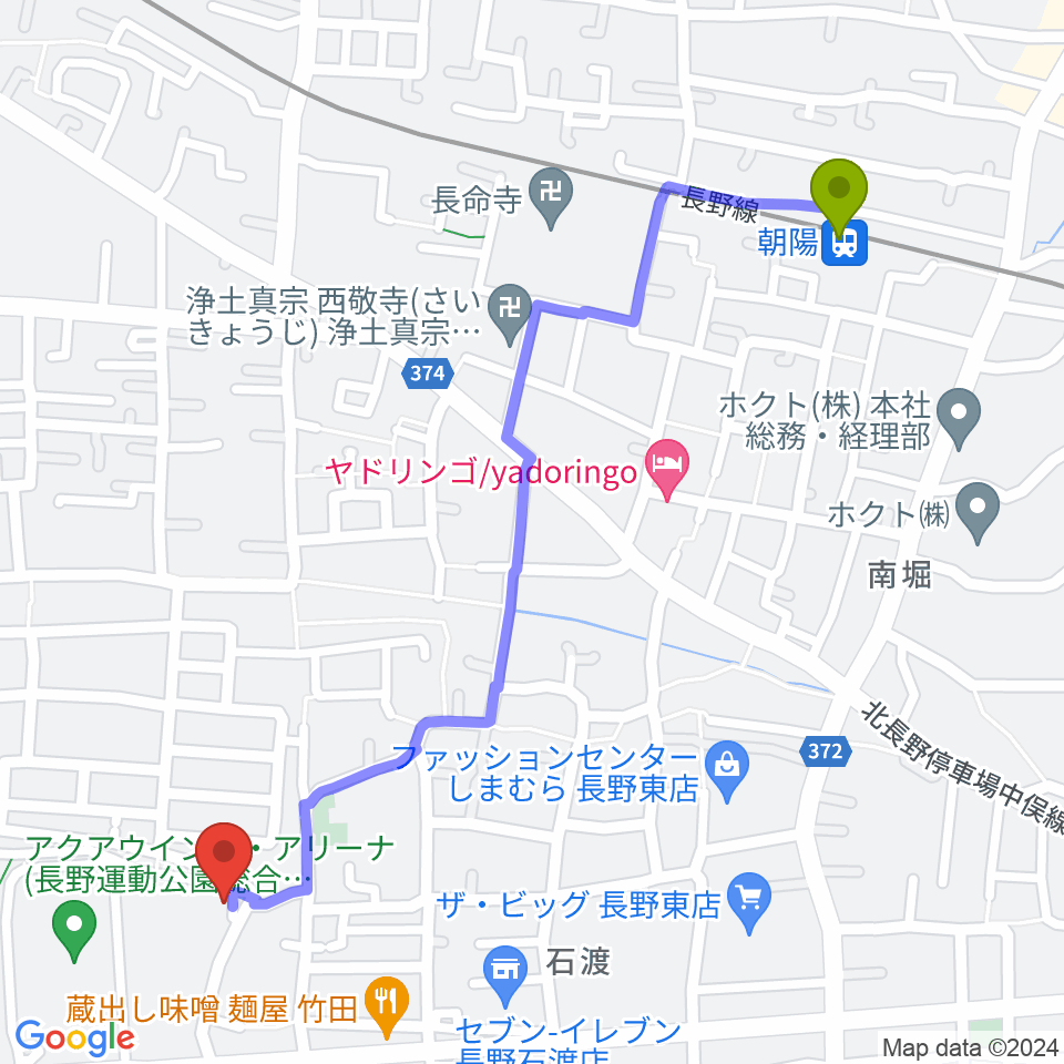 長野運動公園運動広場の最寄駅朝陽駅からの徒歩ルート（約13分）地図