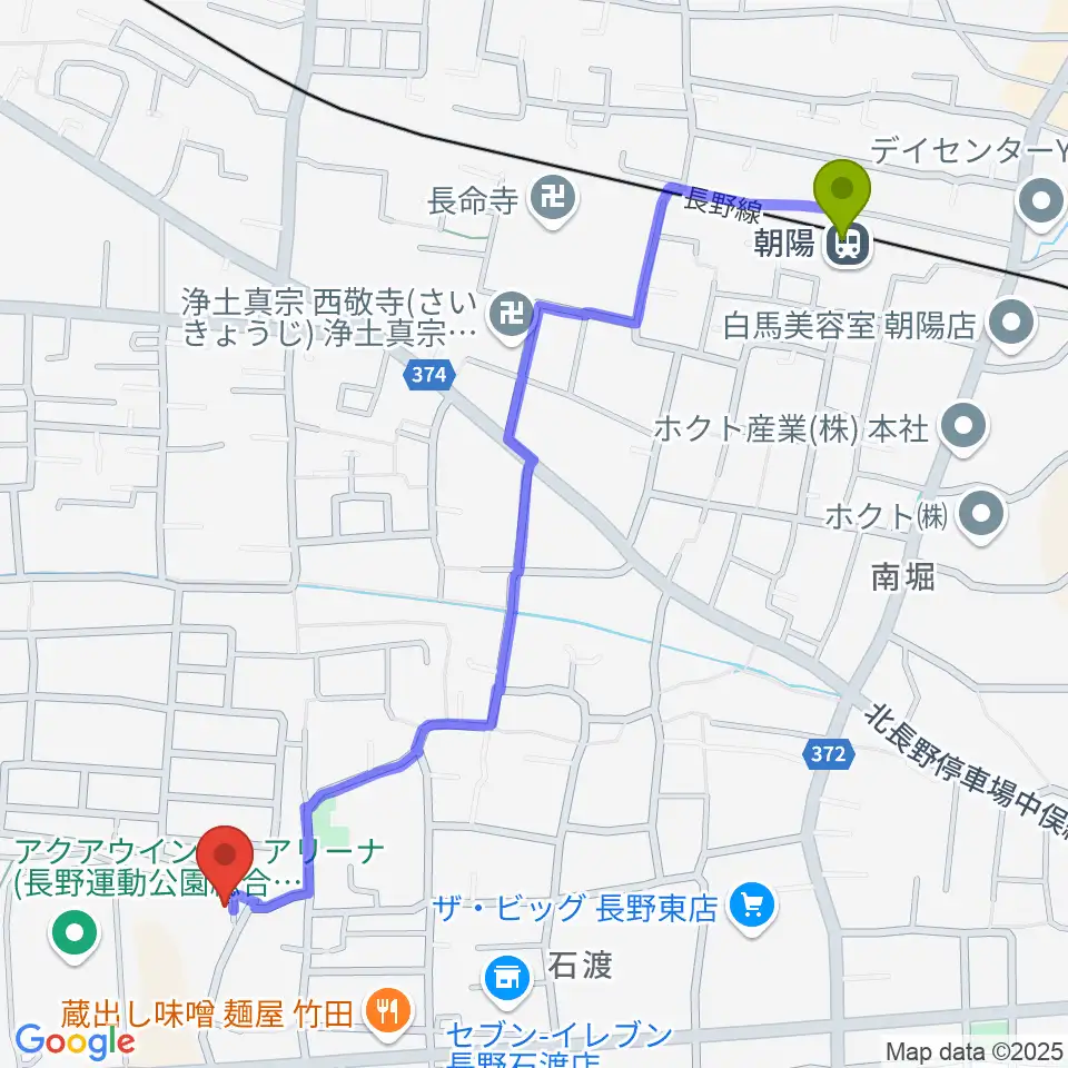 長野運動公園運動広場の最寄駅朝陽駅からの徒歩ルート（約13分）地図