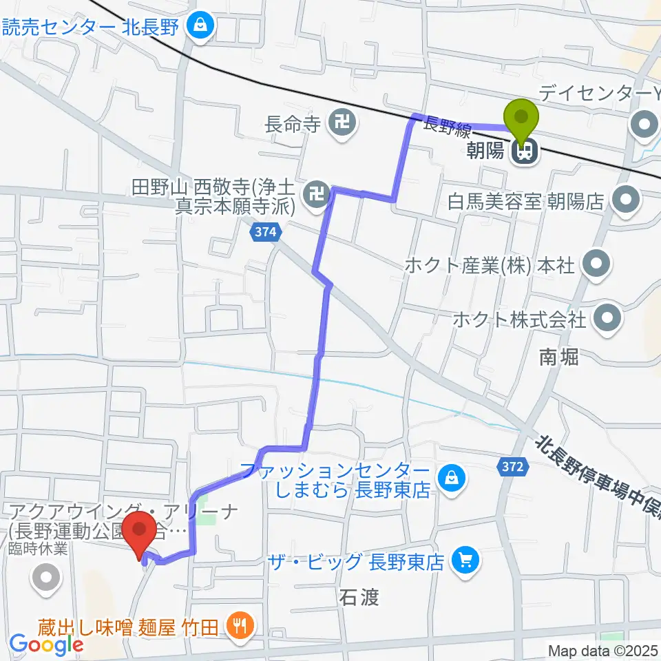 長野運動公園運動広場の最寄駅朝陽駅からの徒歩ルート（約13分）地図