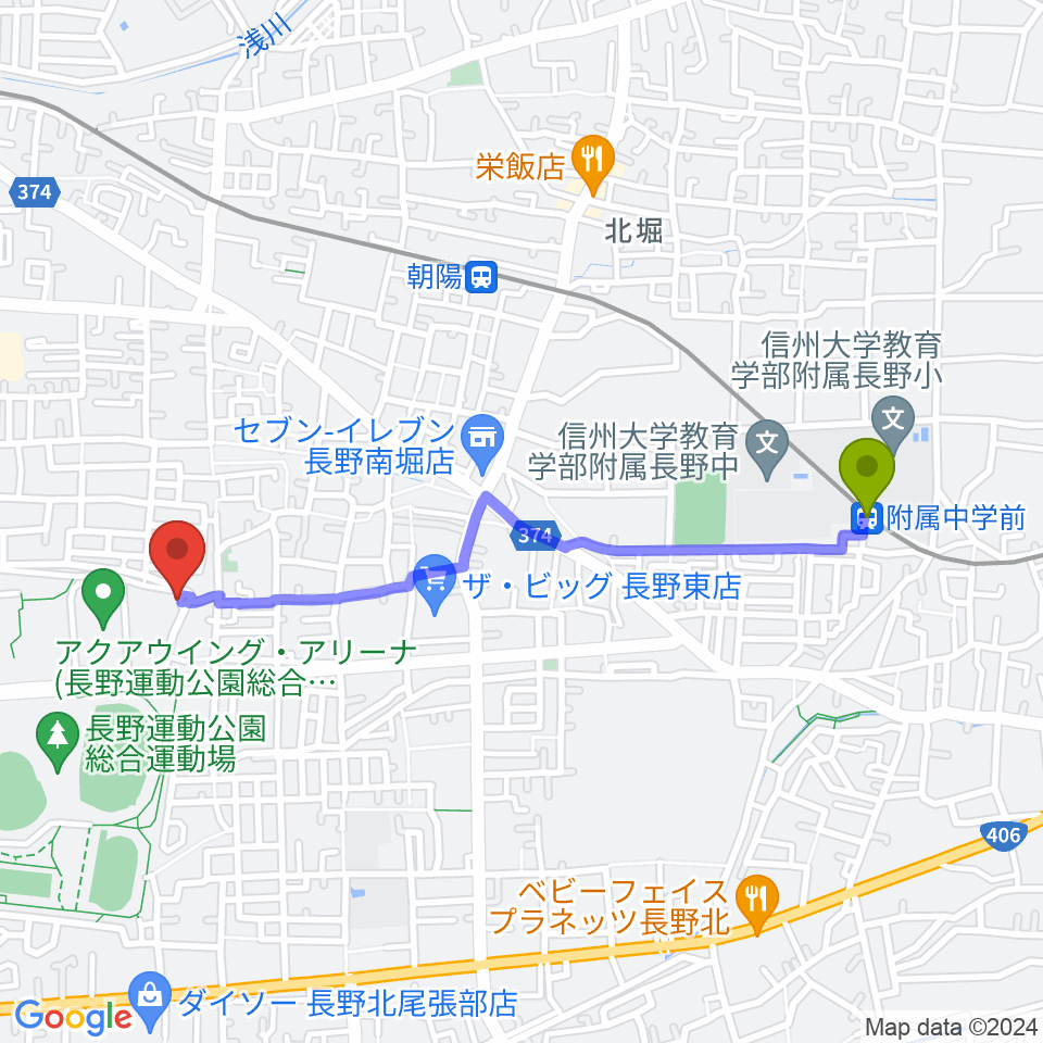 附属中学前駅から長野運動公園運動広場へのルートマップ地図