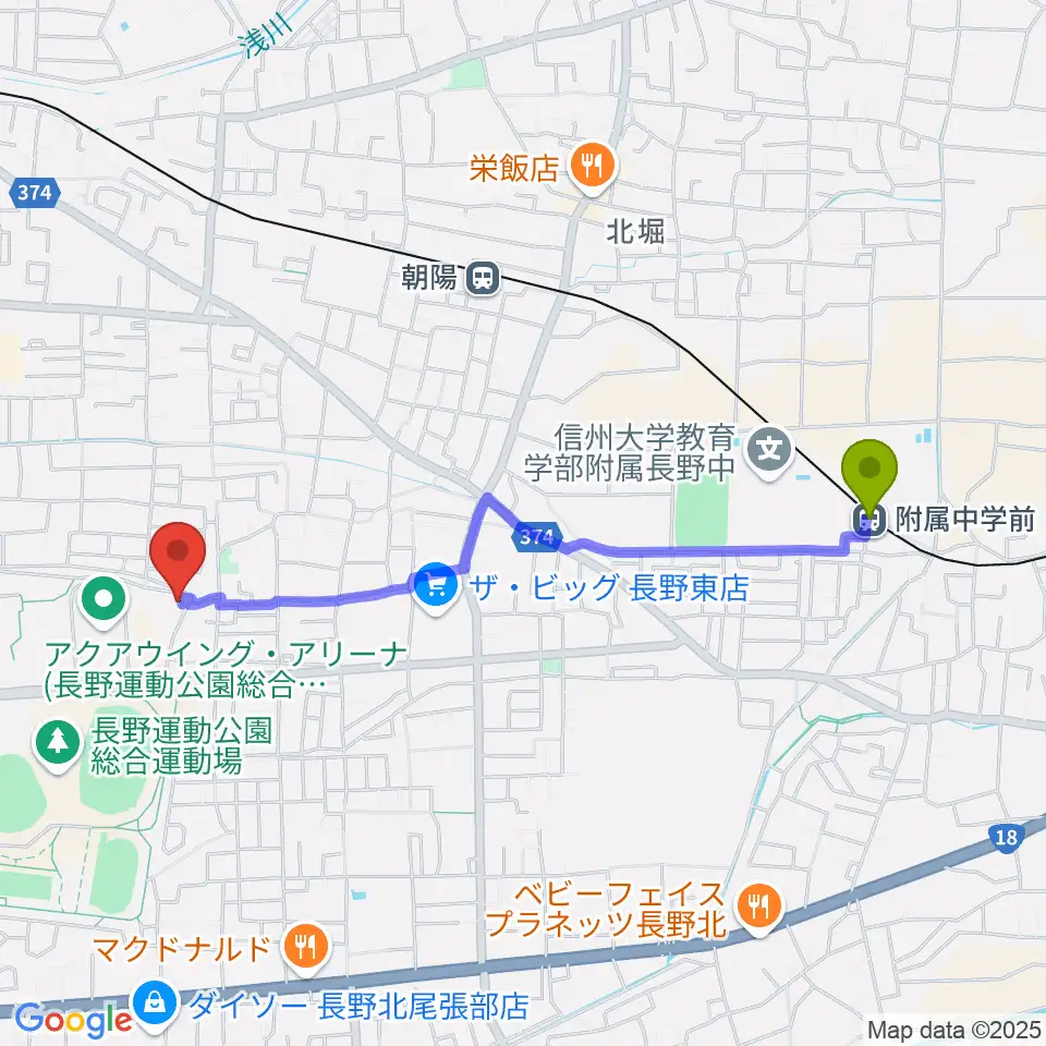 附属中学前駅から長野運動公園運動広場へのルートマップ地図