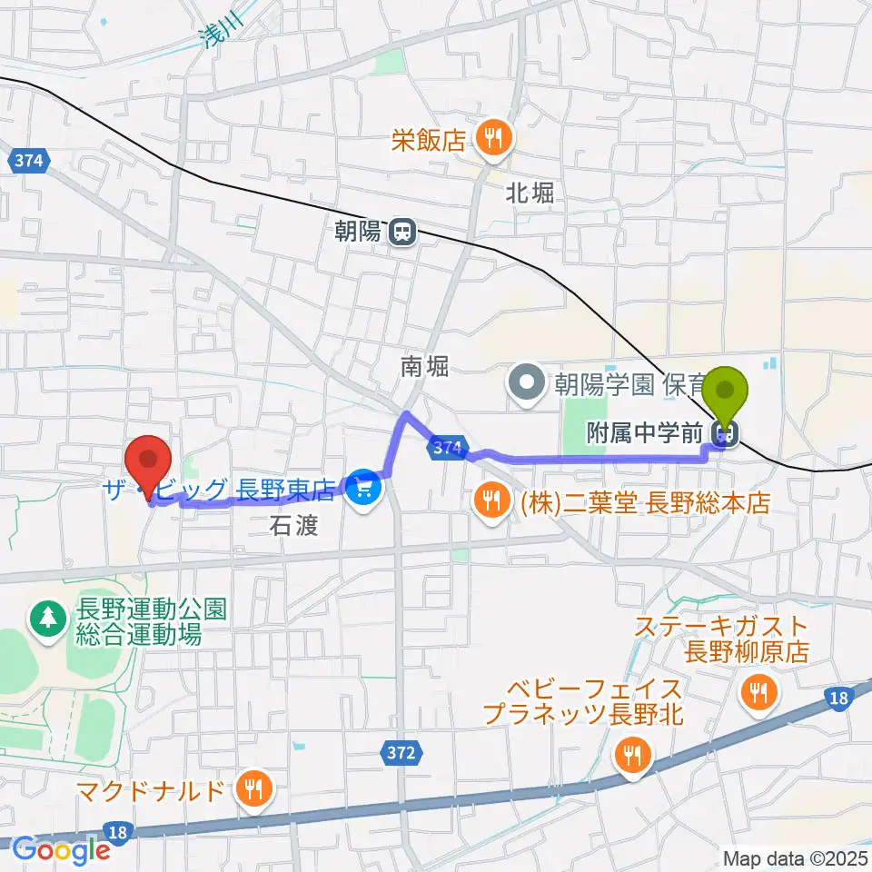 附属中学前駅から長野運動公園運動広場へのルートマップ地図