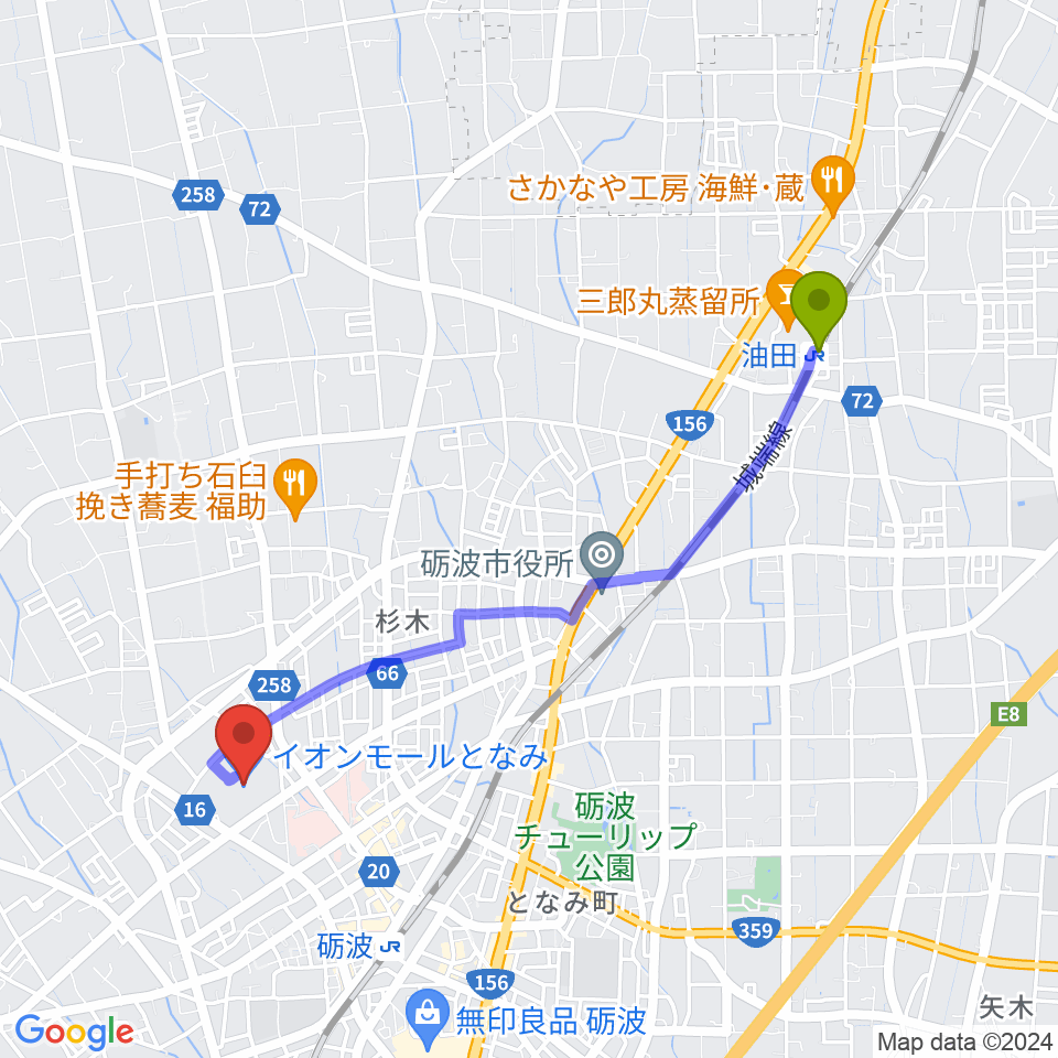 油田駅からイオンシネマとなみへのルートマップ地図