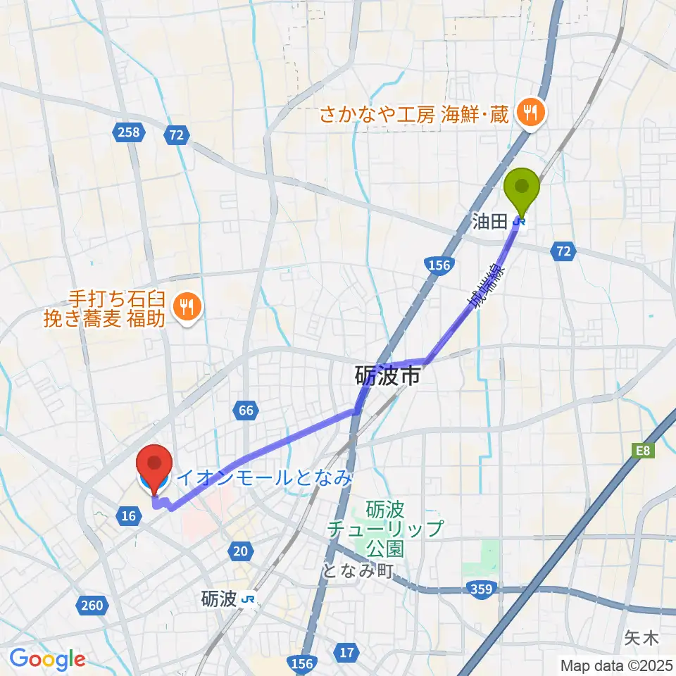 油田駅からイオンシネマとなみへのルートマップ地図