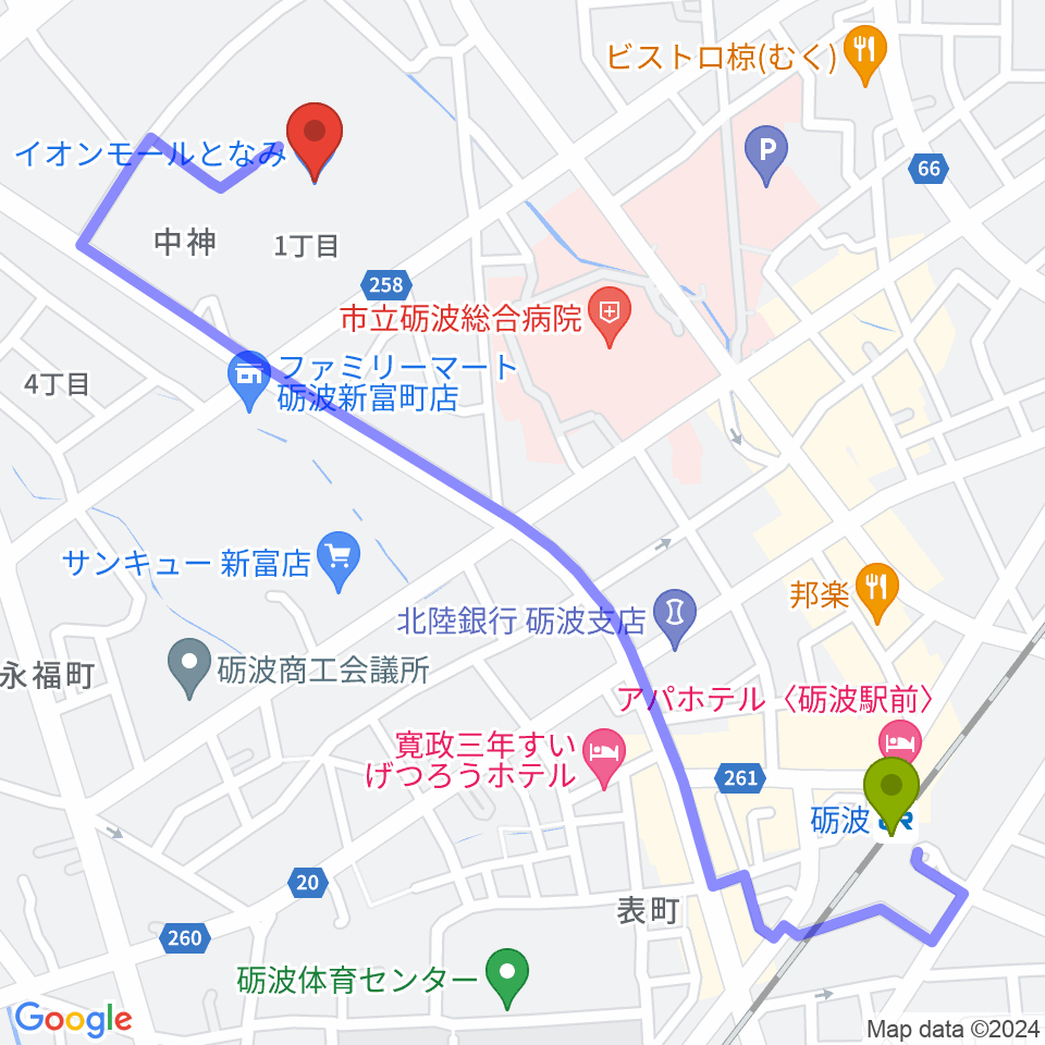 イオンシネマとなみの最寄駅砺波駅からの徒歩ルート（約13分）地図