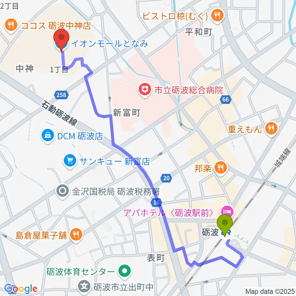 イオンシネマとなみの最寄駅砺波駅からの徒歩ルート（約13分）地図