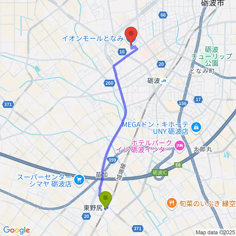 東野尻駅からイオンシネマとなみへのルートマップ地図