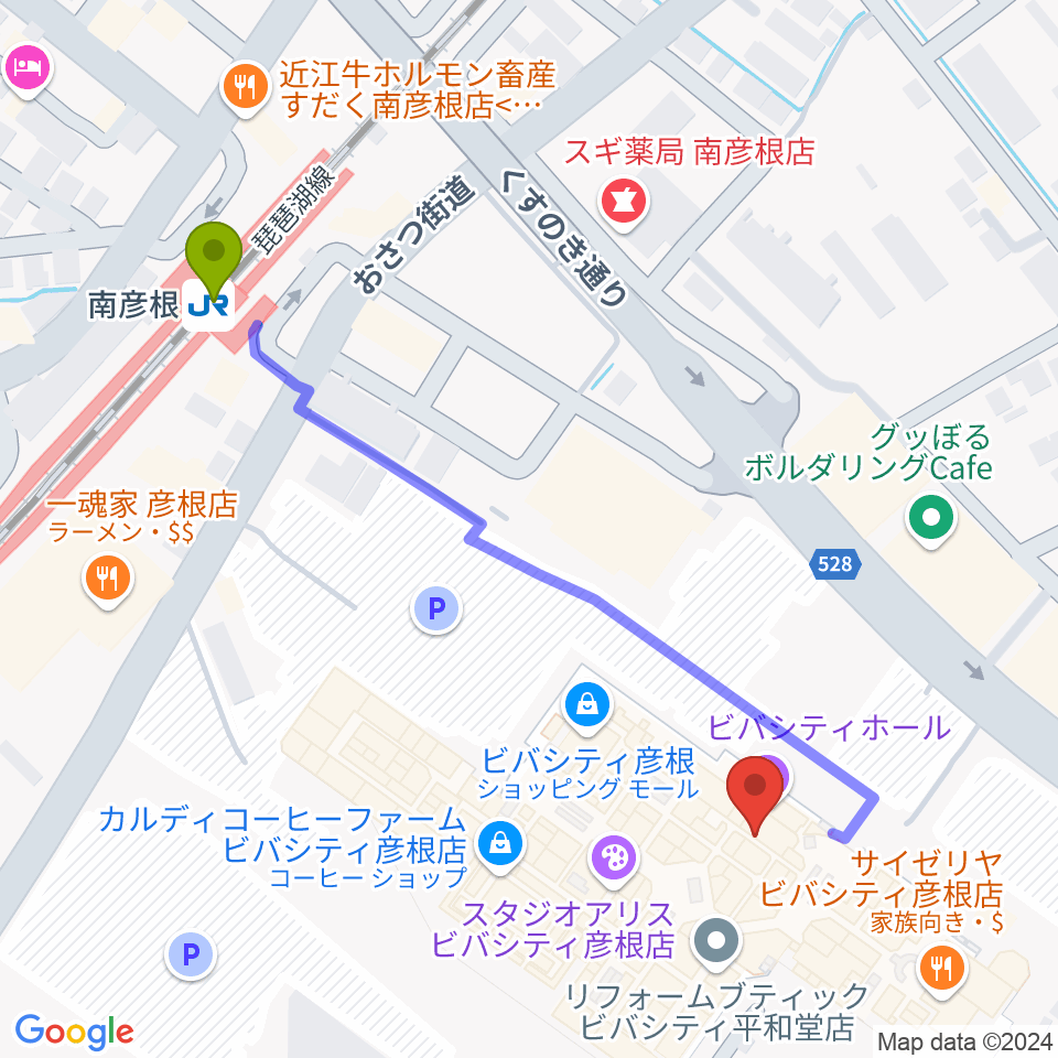 彦根ビバシティシネマの最寄駅南彦根駅からの徒歩ルート（約6分）地図