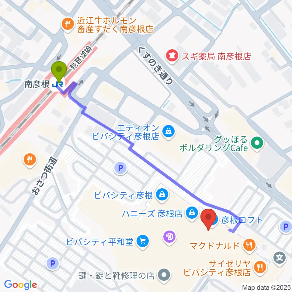 彦根ビバシティシネマの最寄駅南彦根駅からの徒歩ルート（約6分）地図