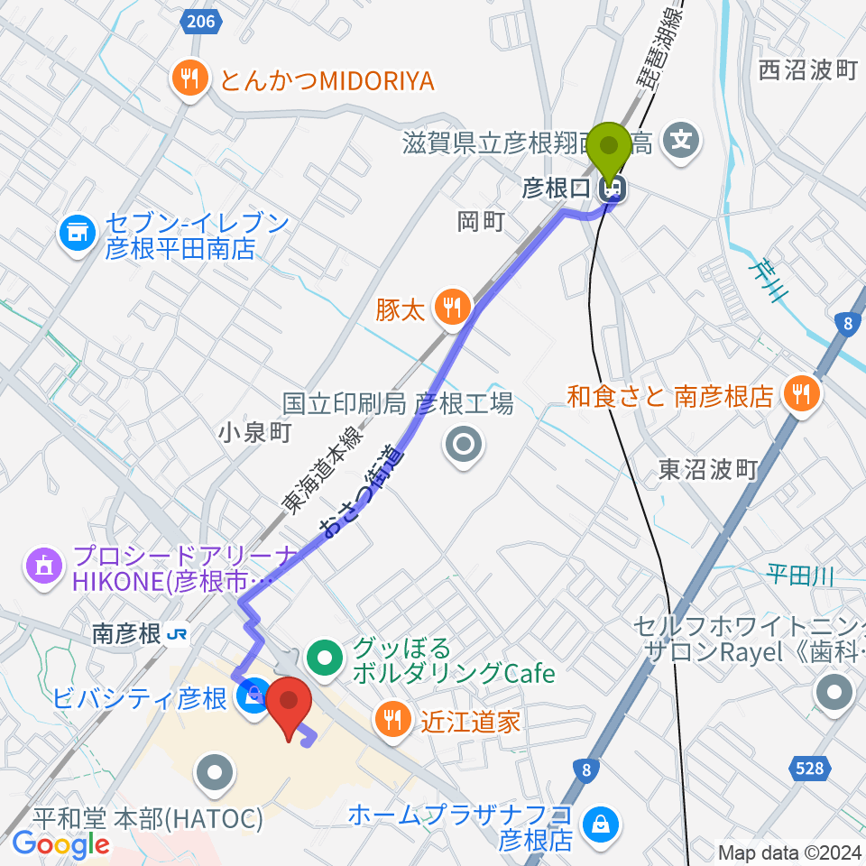 彦根口駅から彦根ビバシティシネマへのルートマップ地図