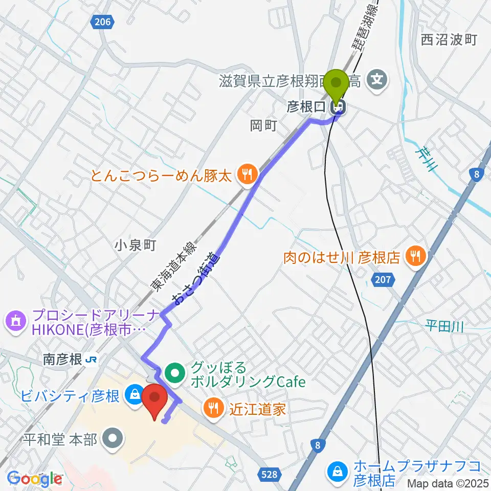 彦根口駅から彦根ビバシティシネマへのルートマップ地図