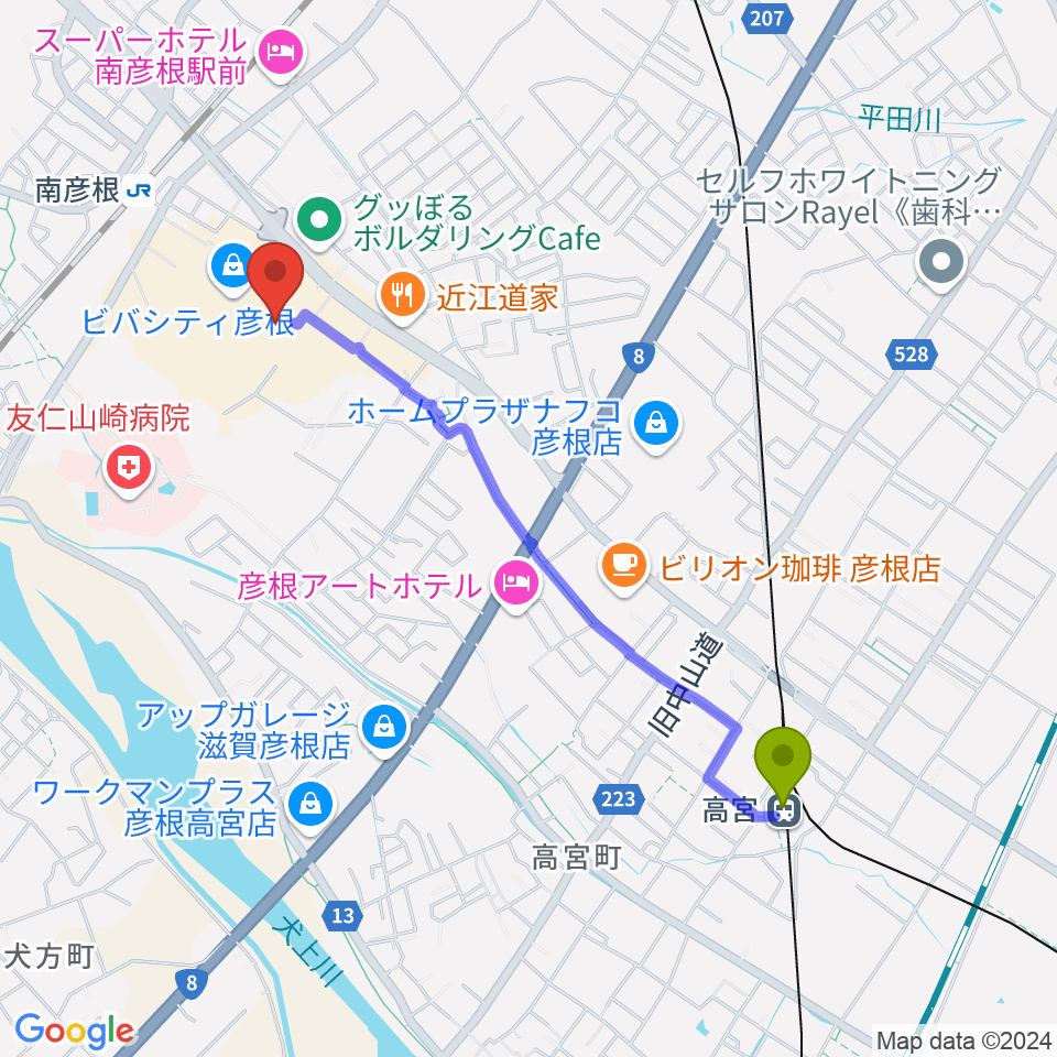 高宮駅から彦根ビバシティシネマへのルートマップ地図